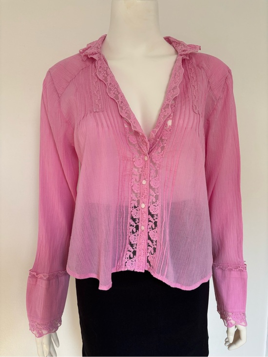 Free People Tops - Free People 100% Cotton Sheer Pink Lace-Trim Button Down Blouse